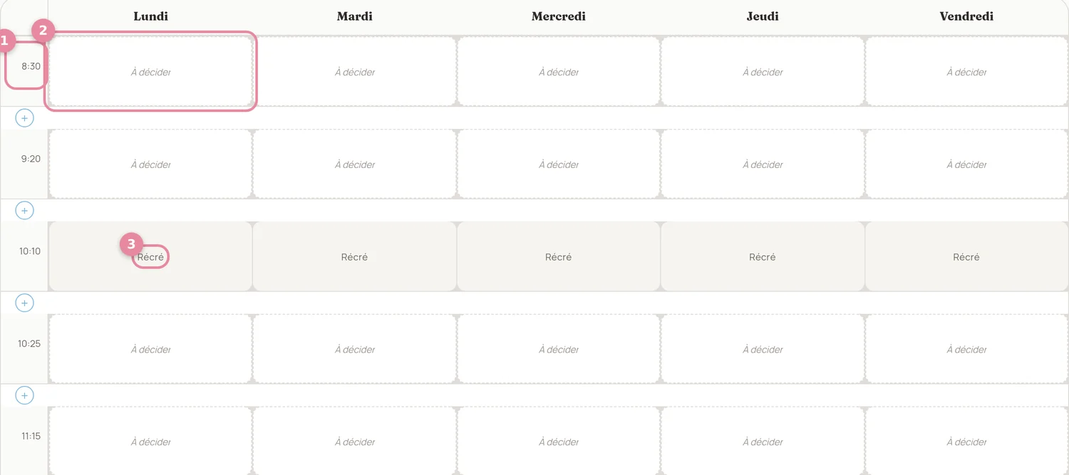 Aperçu du guide : l'écran Horaire type du JDC numérique, annoté
